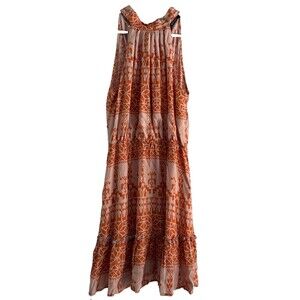 BTFBM Orange Geometric Halter Dress M Boho Tiered Ruffle Back Tie Lined Mini
